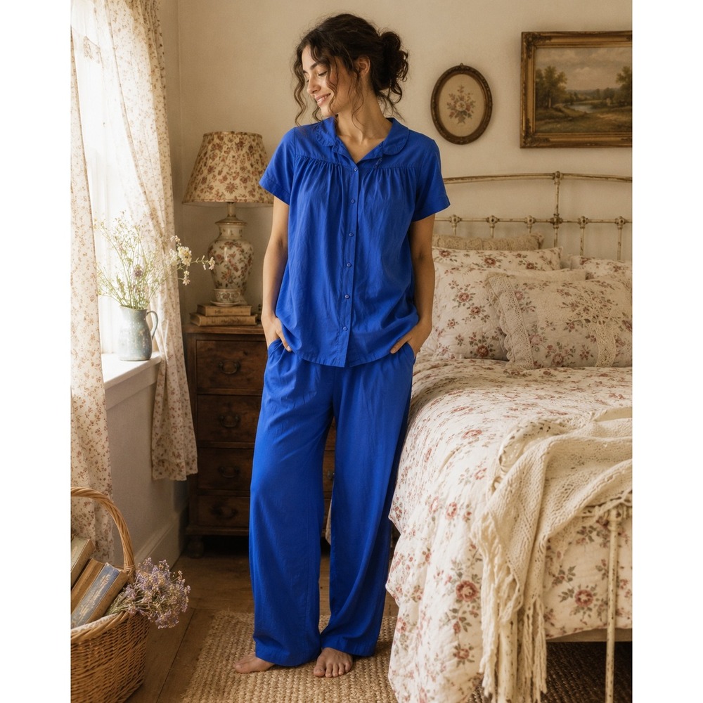 Vintage Vanity Fair Royal Blue Nylon Pajama Set Embroidered Button S Grannycore